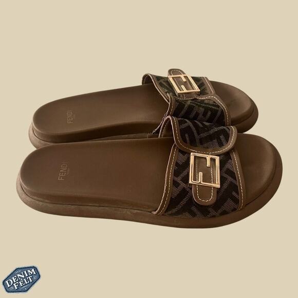 Fendi Brown Wide-Band Leather Zucca FF Logo Monogram Flat Slides | Size: 8 - Picture 9 of 16